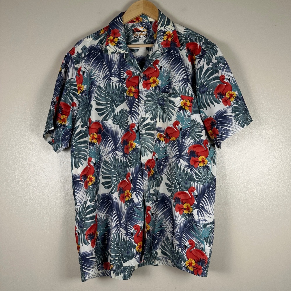 On Shore Men's XL Button Up Shirt Multicolor Flamingo Tropical Floral Hawaiian